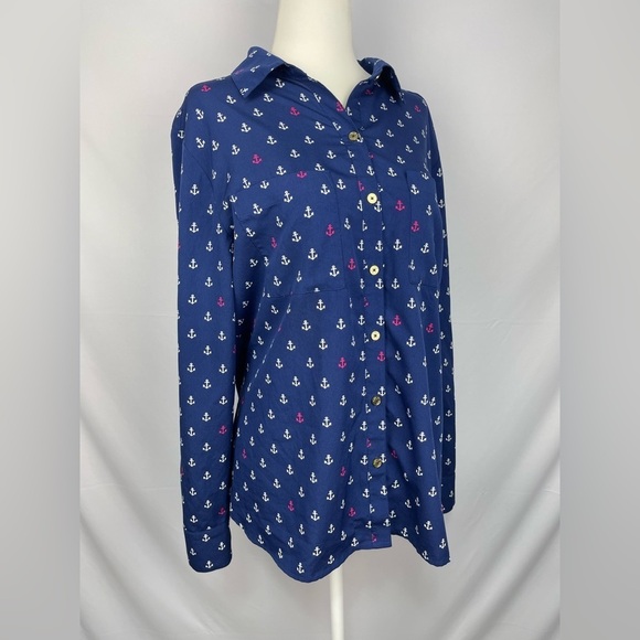 C. Wonder Tops - C. Wonder Anchor print navy button down blouse women’s 10